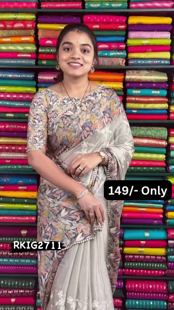 Women’s Floral-Patterned Beige Saree with White Embroidered Pallu