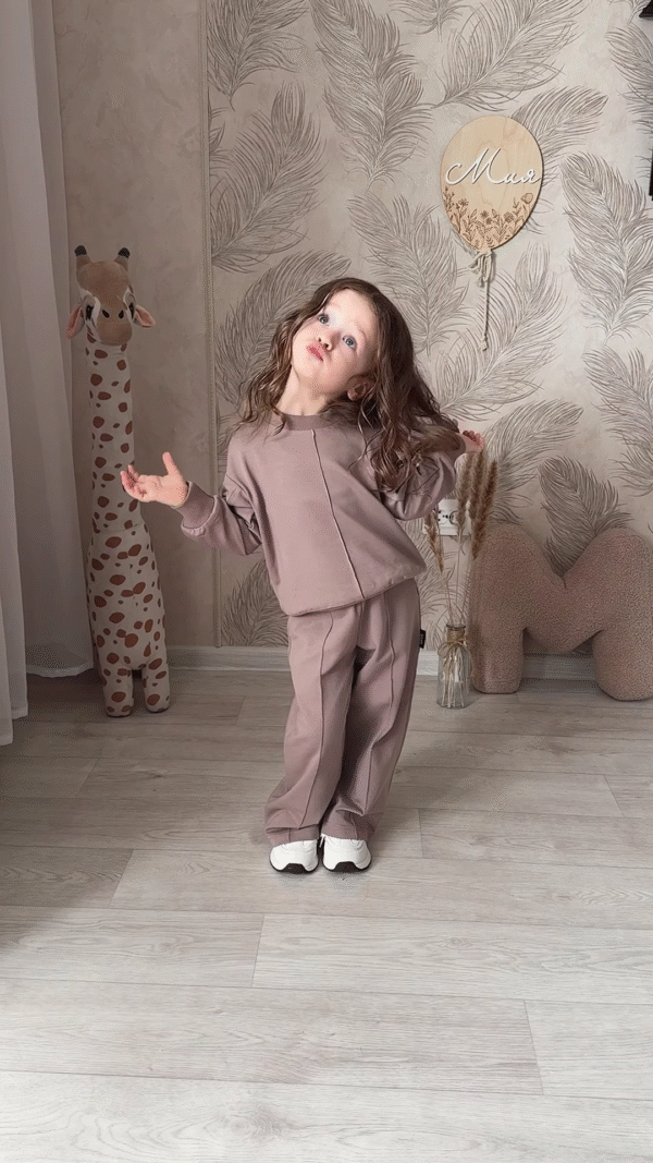 Kids’ Light Brown Co-Ord Set with Long Sleeves & White Sneakers – Neutral-Tone Outfit Styled with Giraffe Plush & Personalized Decor - Image 5