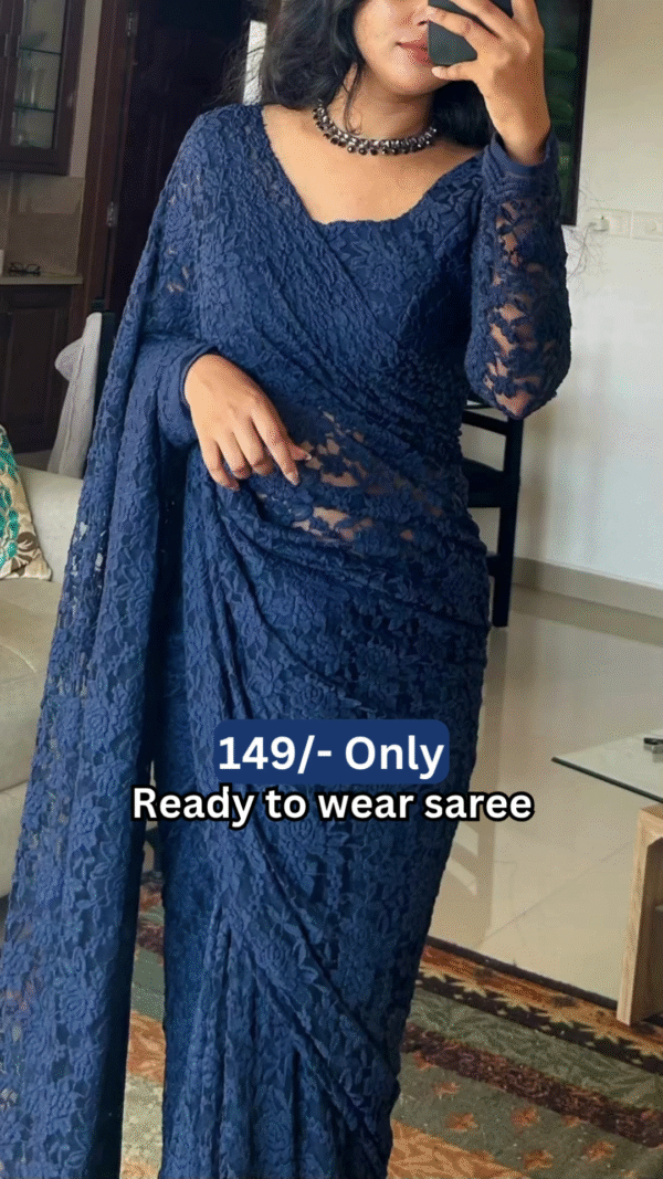 Women’s Dark Blue Lace Saree with Floral Patterns & Matching Blouse – Ready-to-Wear Ethnic Ensemble Styled with Beaded Necklace