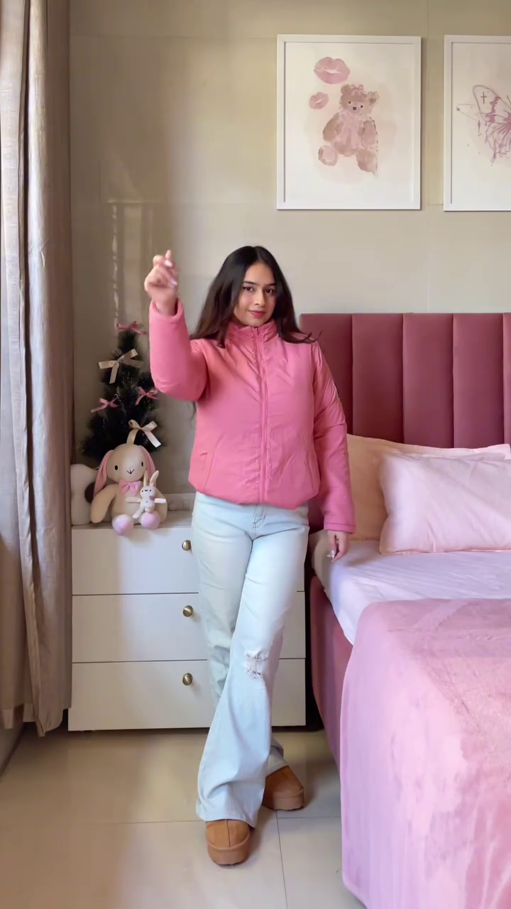 Pink Winter Jacket Look ๐ with Ripped Jeans & Brown Shoes โ Cozy Bedroom Edit - Image 2