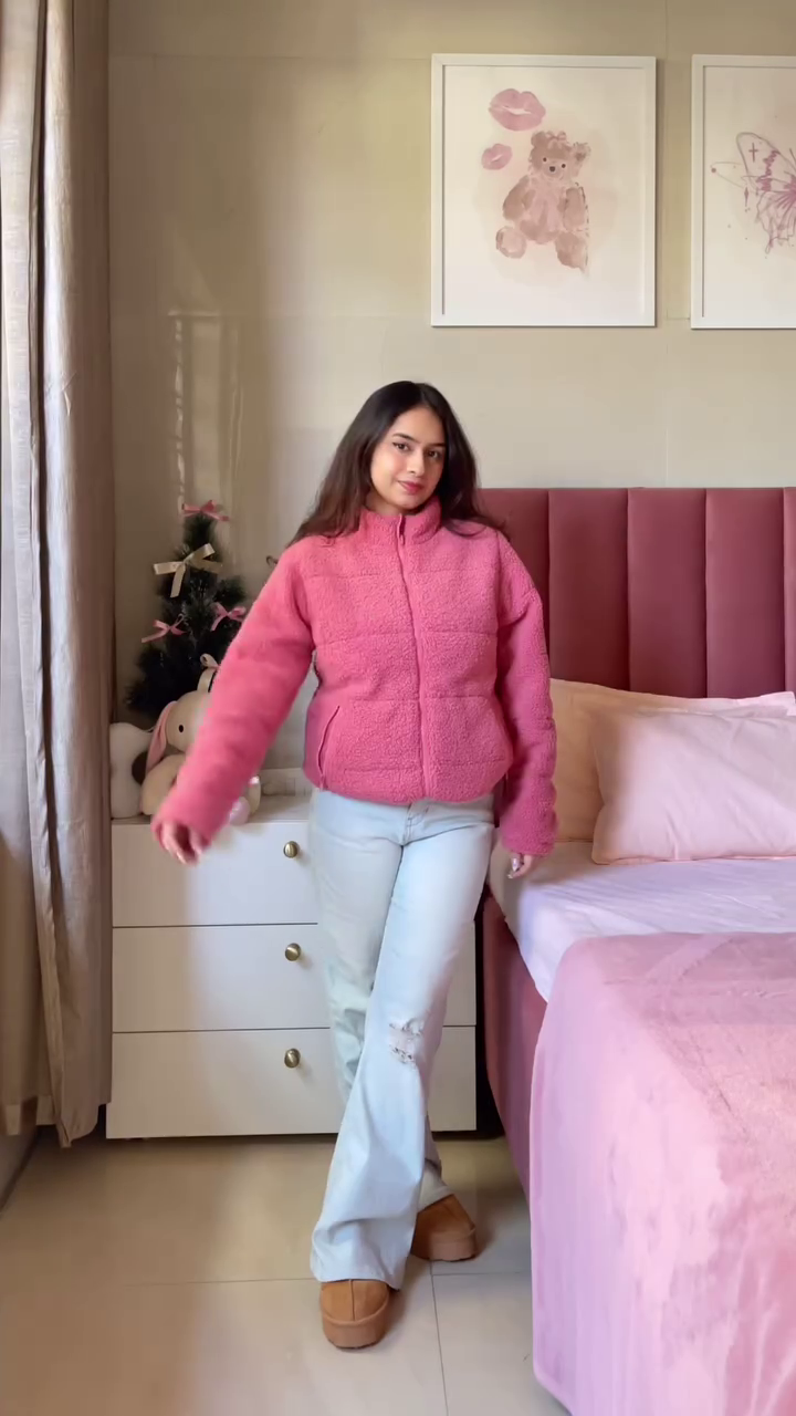 Pink Winter Jacket Look ๐ with Ripped Jeans & Brown Shoes โ Cozy Bedroom Edit