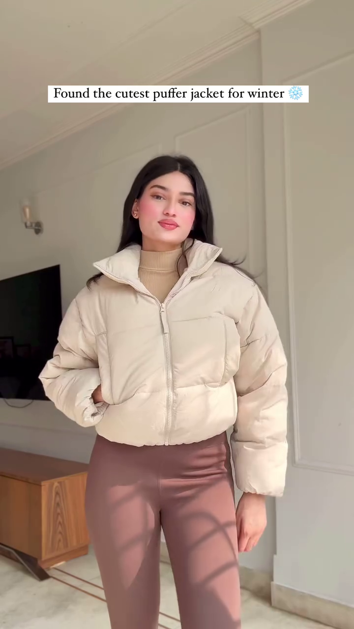 Beige Puffer Jacket Look π€ with Brown Leggings β Soft & Stylish Winterwear - Image 2