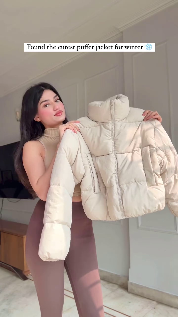 Beige Puffer Jacket Look π€ with Brown Leggings β Soft & Stylish Winterwear - Image 3