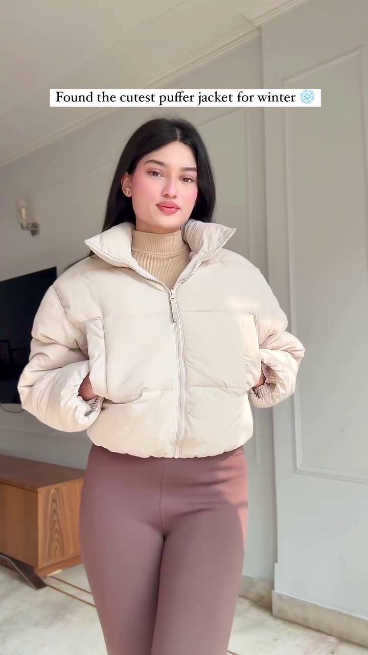 Beige Puffer Jacket Look π€ with Brown Leggings β Soft & Stylish Winterwear