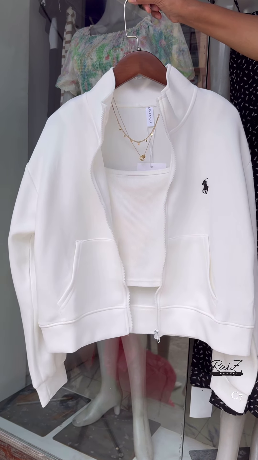 Zip-Up Layered Jackets π§₯β¨ With High Collars & Gold Necklace Styling β Beige, White & Brown Variants - Image 3