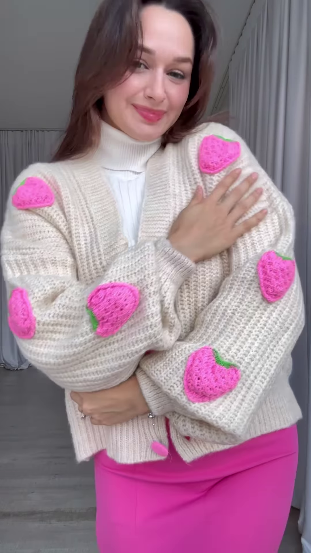 Strawberry-Patch Knit Cardigan 🍓🧥 with Pink Buttons – Styled with Turtleneck, Mini Skirt & Boots - Image 3