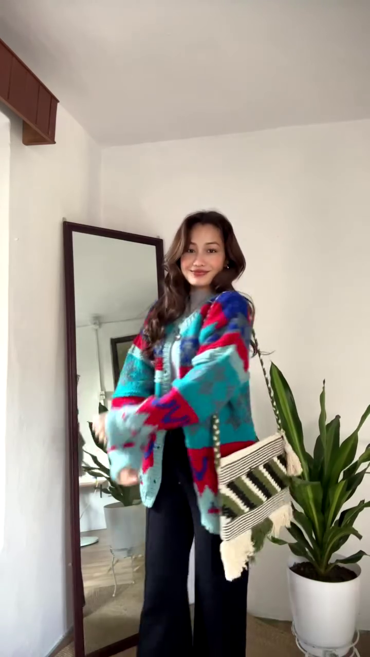 Multicolor Patterned Cardigan π§₯π β Bold Knit Layer in Blue, Red & Teal with Seasonal Styling
