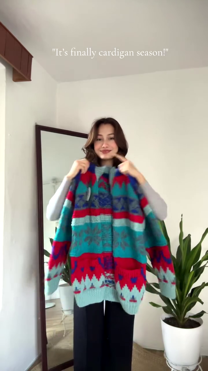 Multicolor Patterned Cardigan π§₯π β Bold Knit Layer in Blue, Red & Teal with Seasonal Styling - Image 2