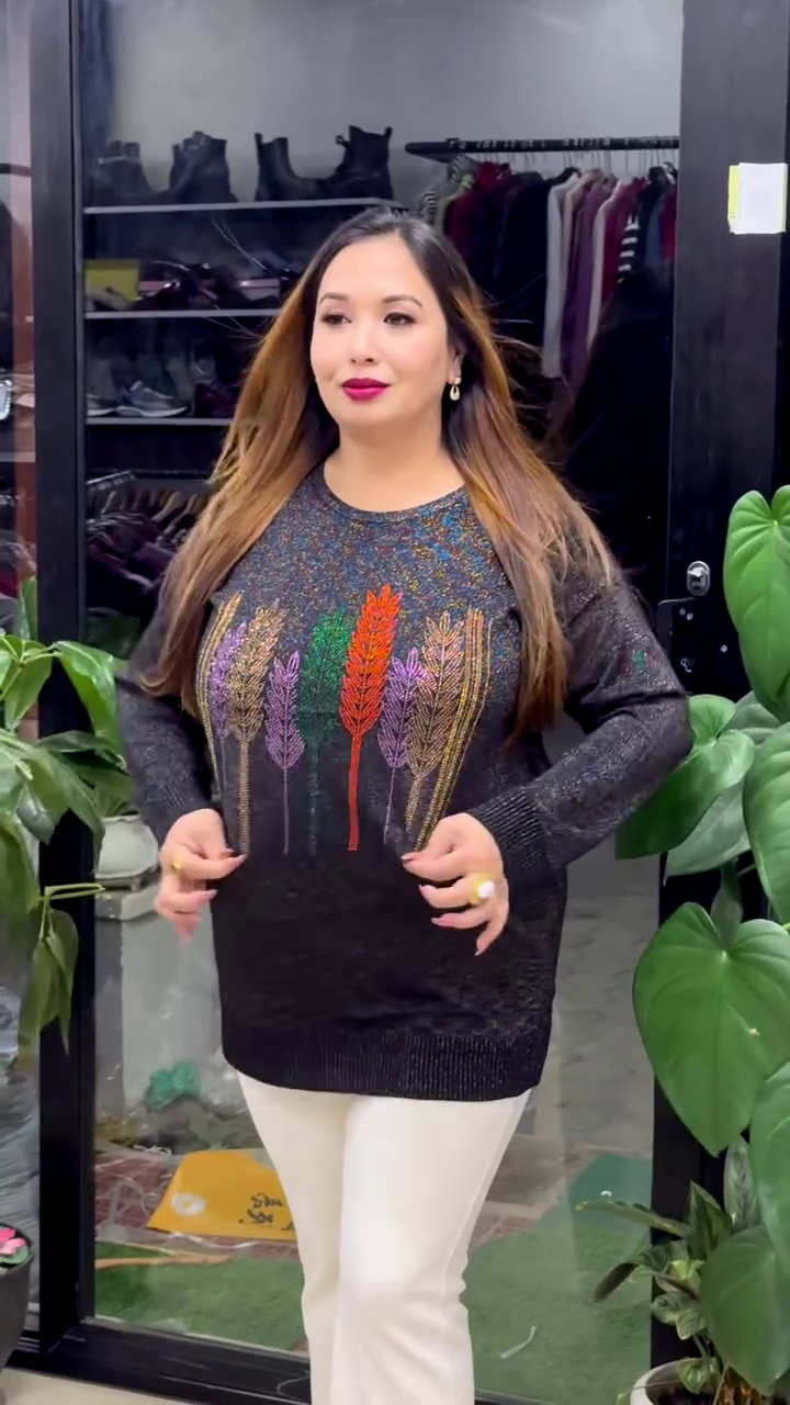 Feather-Embroidered Knit Sweaters πͺΆπ§₯ β Black, Navy & Red Variants with Colorful Vertical Motifs