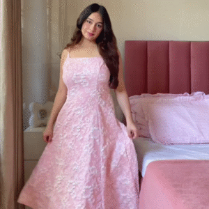 Pink Heart-Print Off-Shoulder Maxi Dress – Romantic Casual Wear for Women