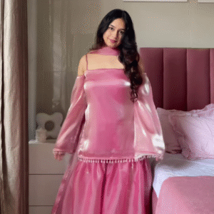 Shiny Pink Off-Shoulder Top & Skirt Set – Tassel-Trimmed Ethnic Partywear for Women
