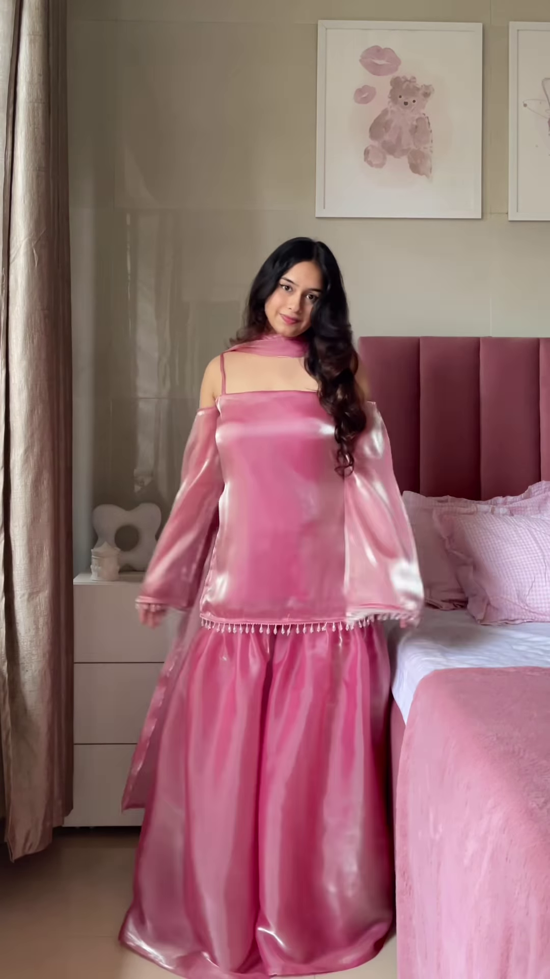 Shiny Pink Off-Shoulder Top & Skirt Set – Tassel-Trimmed Ethnic Partywear for Women