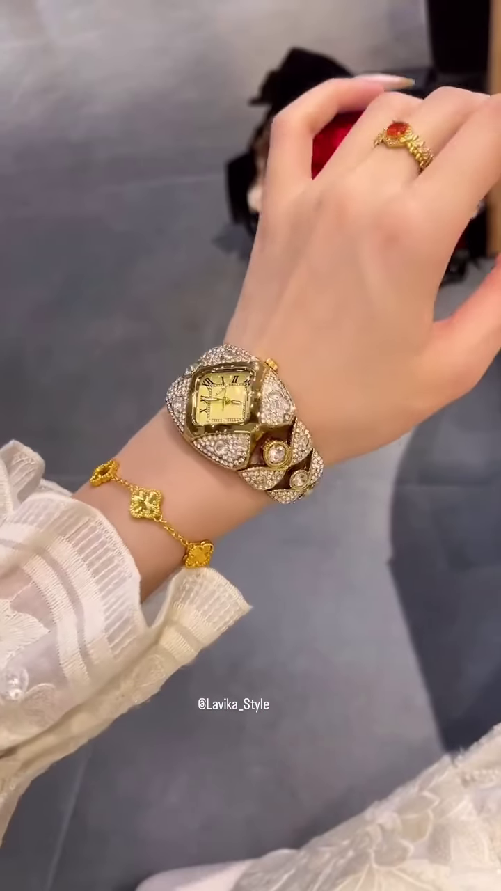 Opulent Gold-Toned Statement Watch and Bracelet Set - Image 2