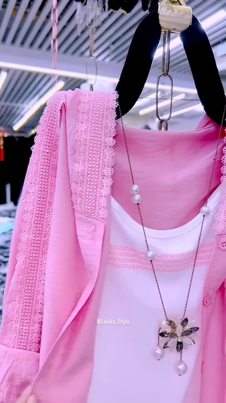 Pastel Pink Overshirt with Lace and Pearl Necklace - Image 3