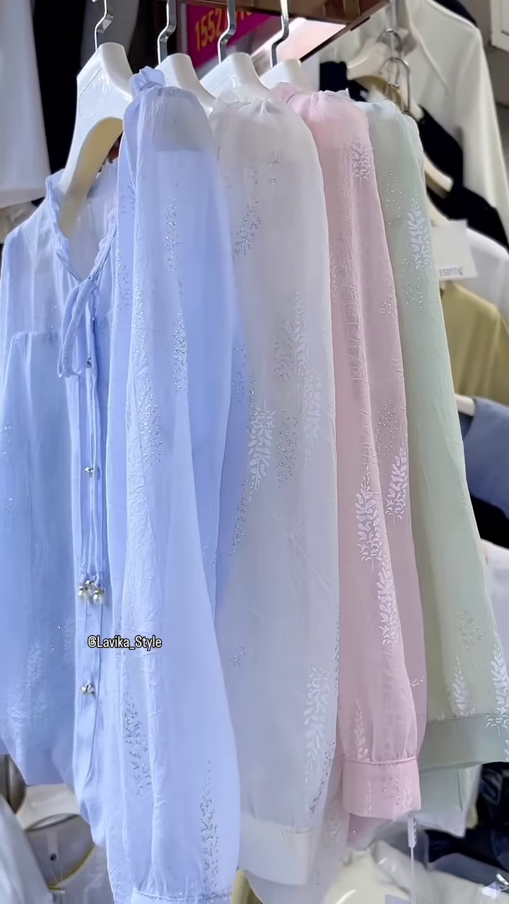 Light Blue Sheer Blouse with Leaf Pattern and Pearl Buttons - Image 2