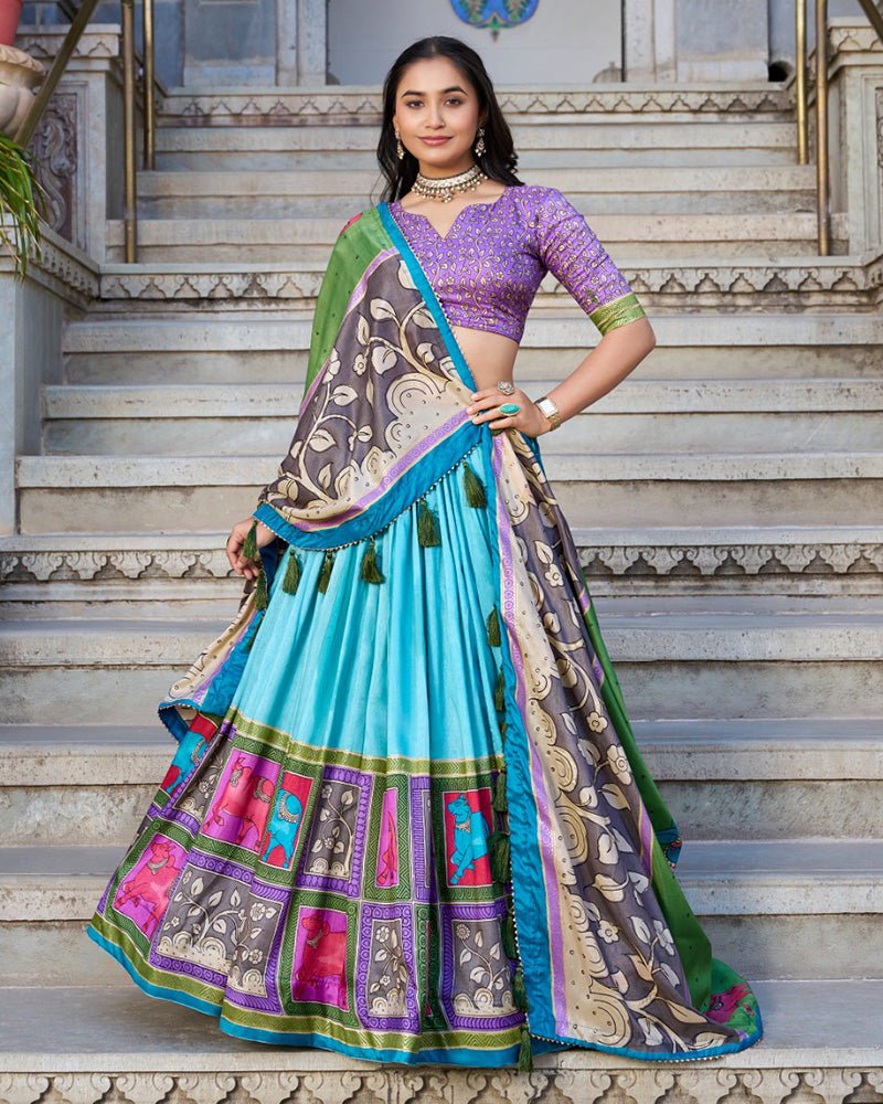 Sea Green Color Tussar Silk Kalamkari Printed Lehenga Choli