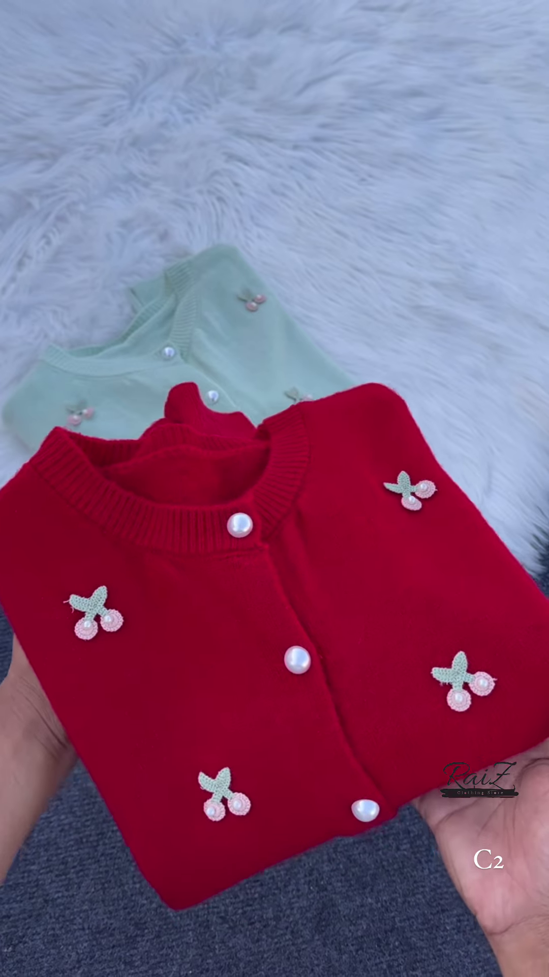 Pastel Cherry Embroidered Button-Down Cardigans with Pearl Buttons - Aesthetic Winter Knitwear Collection - Image 3