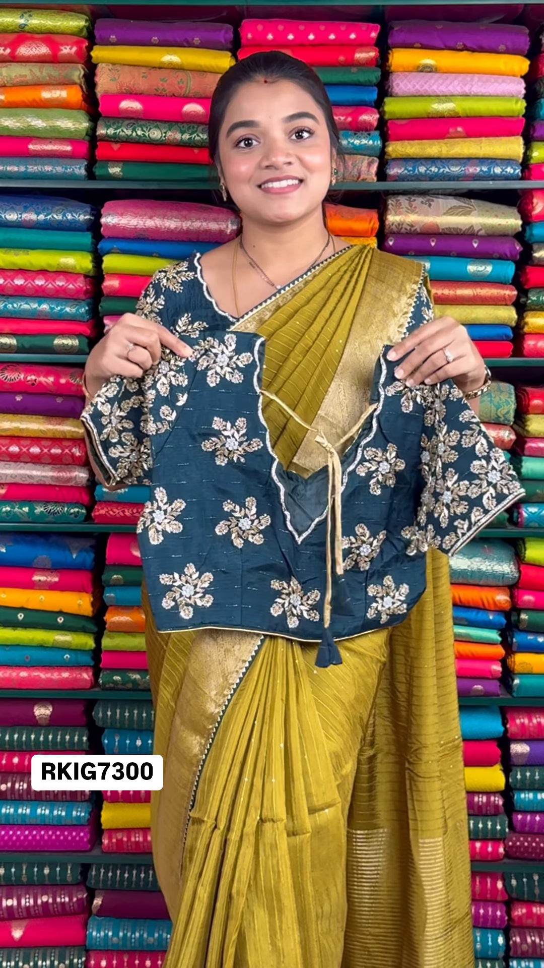 Mustard Yellow Crinkle-Textured Saree with Ornate Gold Zari Border and Embroidered Teal Blouse - Image 2
