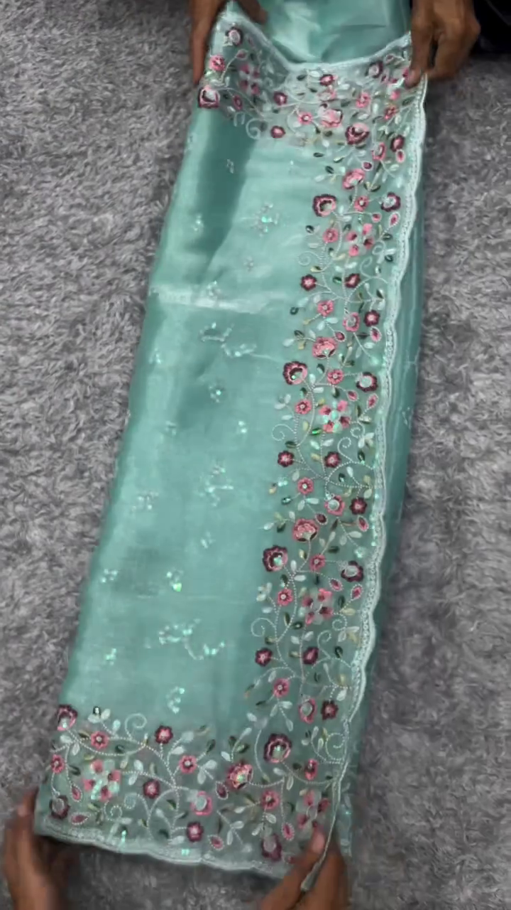 Sheer Grey Organza Fabric with Intricate Pink Floral Embroidery and Sequin Accents – Designer Boutique Material - Image 2