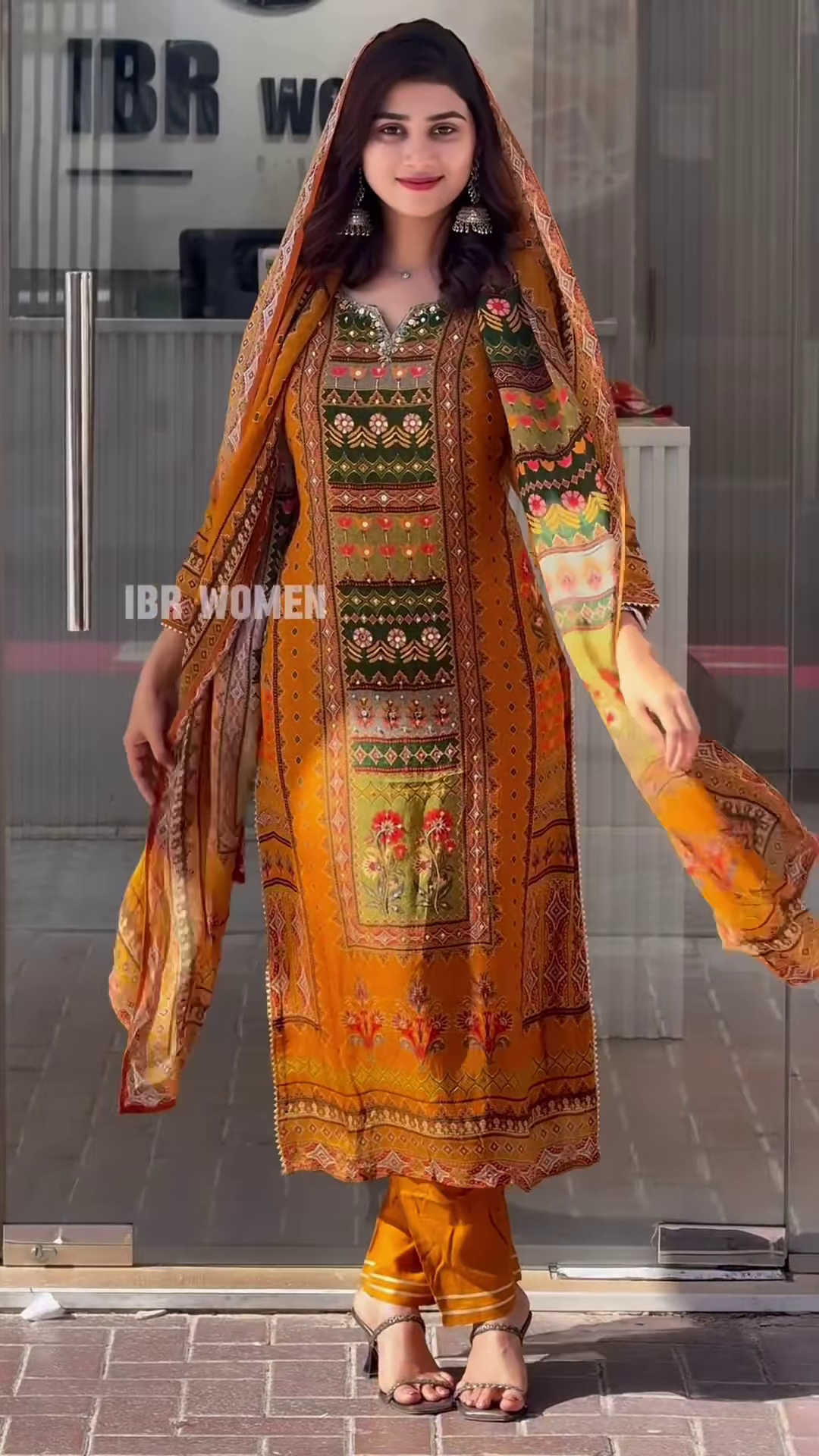 Traditional Mustard Orange Printed Salwar Suit with Kashmiri Floral Yoke and Hand-Placed Mirror Details - Image 4