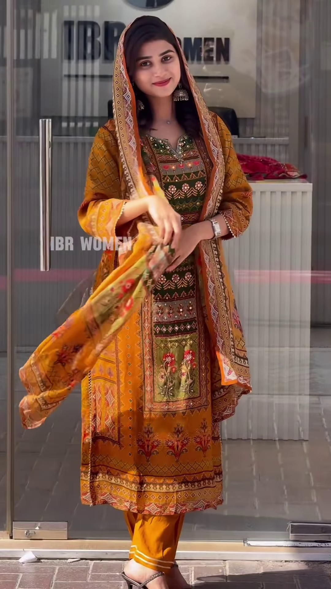 Traditional Mustard Orange Printed Salwar Suit with Kashmiri Floral Yoke and Hand-Placed Mirror Details - Image 3