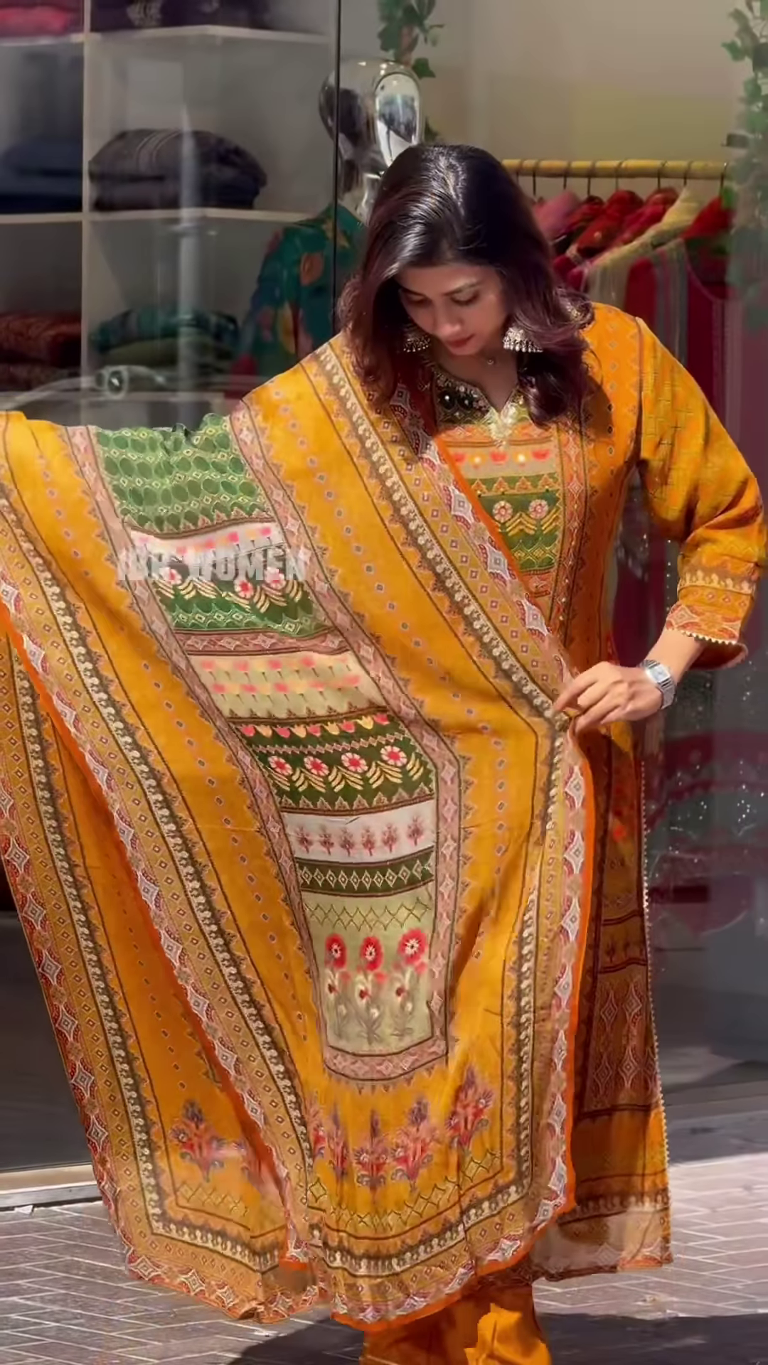 Traditional Mustard Orange Printed Salwar Suit with Kashmiri Floral Yoke and Hand-Placed Mirror Details - Image 2