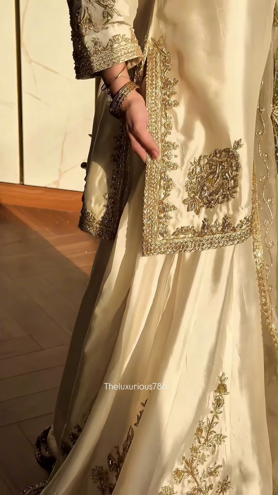 Ivory Satin Ethnic Set with Gold Floral Zari Embroidery - Image 4