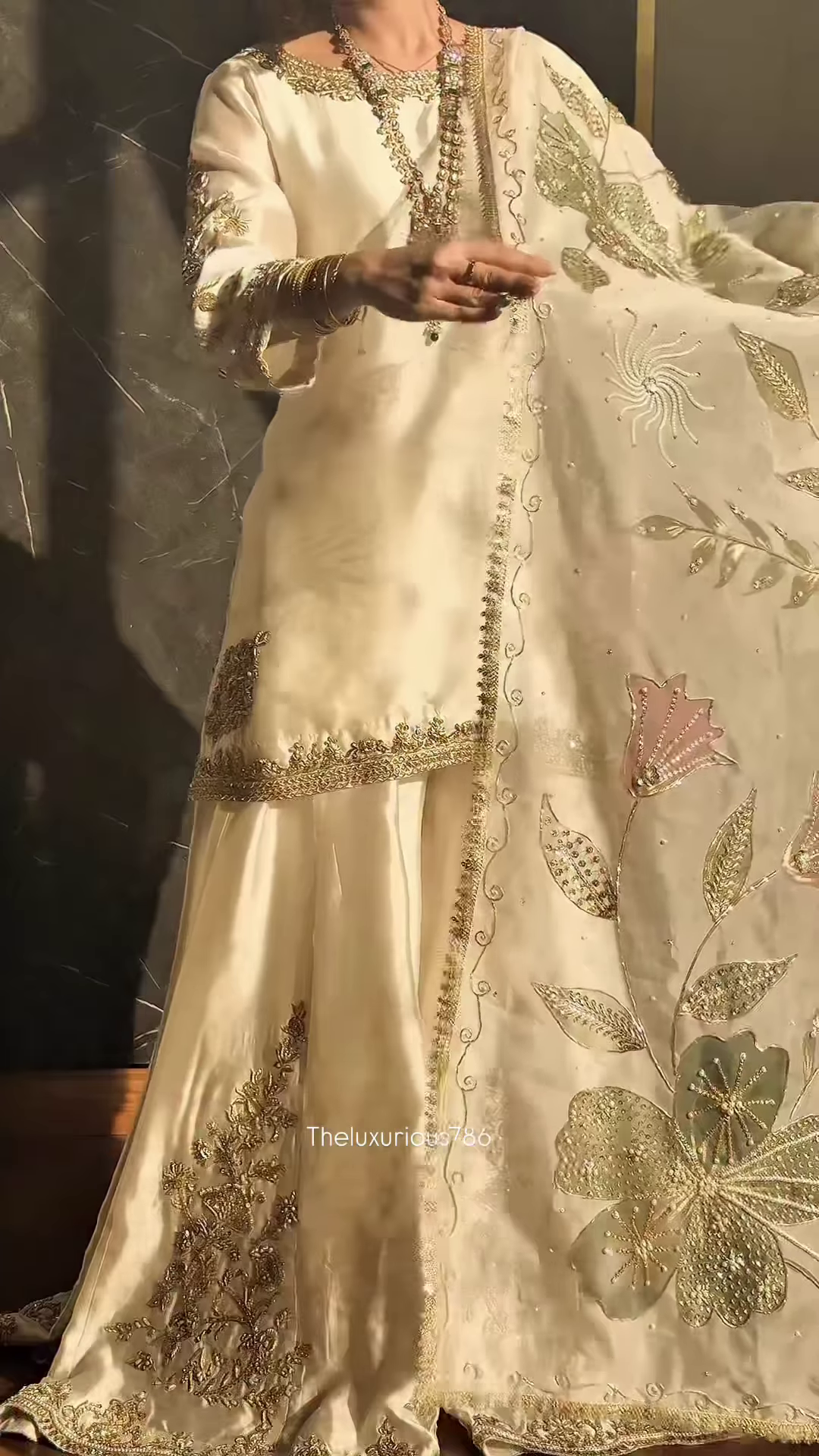 Ivory Satin Ethnic Set with Gold Floral Zari Embroidery - Image 3