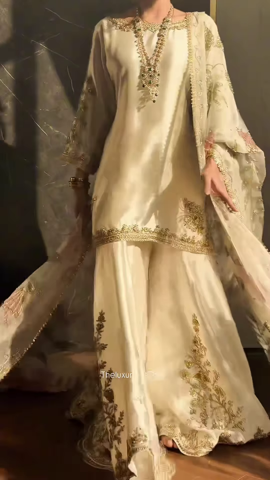 Ivory Satin Ethnic Set with Gold Floral Zari Embroidery - Image 2
