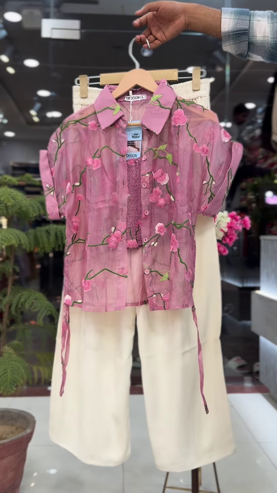 Sheer Pink Floral Embroidered Shirt with White Wide-Leg Trousers - Image 3