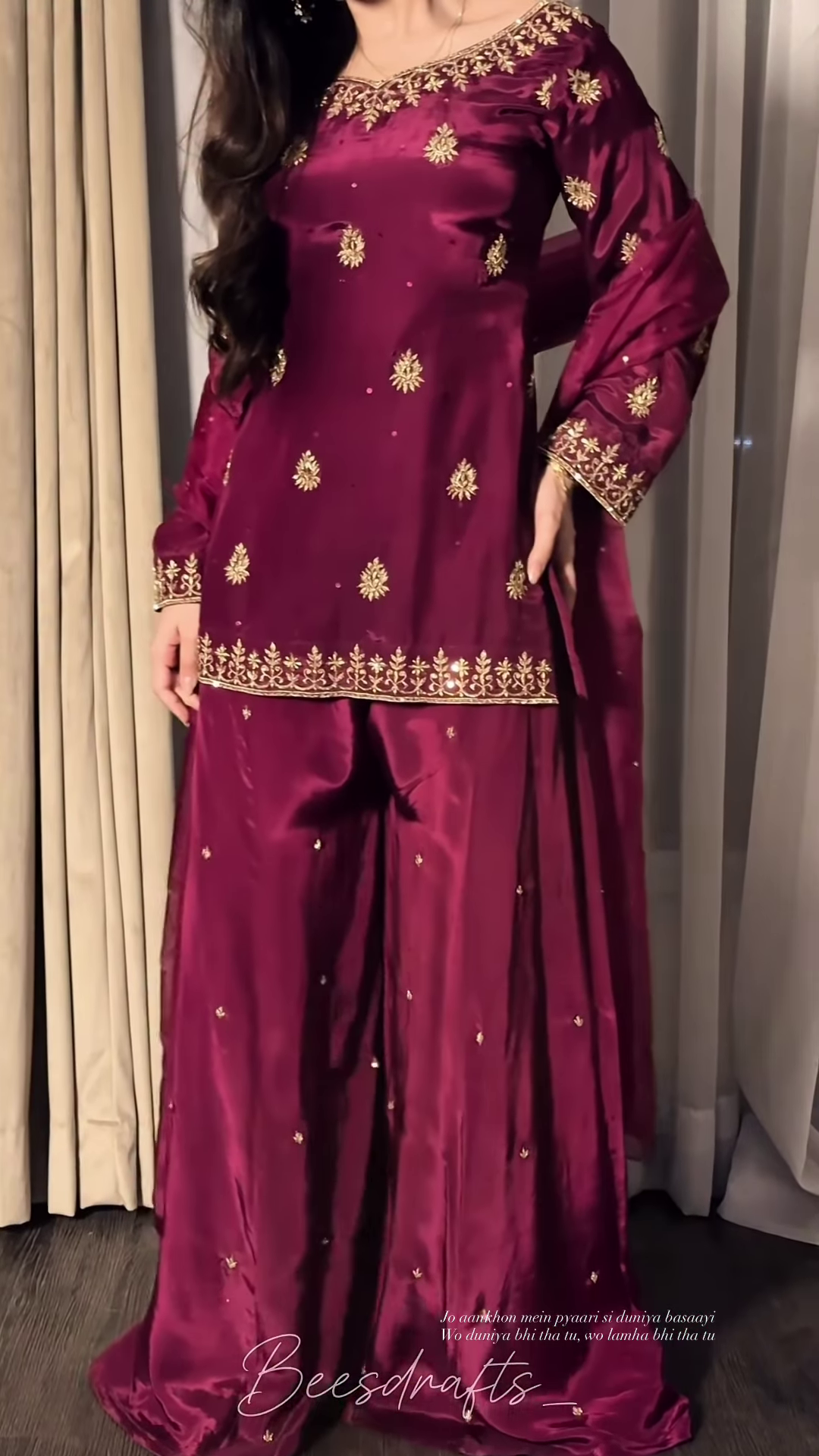 Wine Purple Silk Suit with Golden Butti and Border Work - Image 2