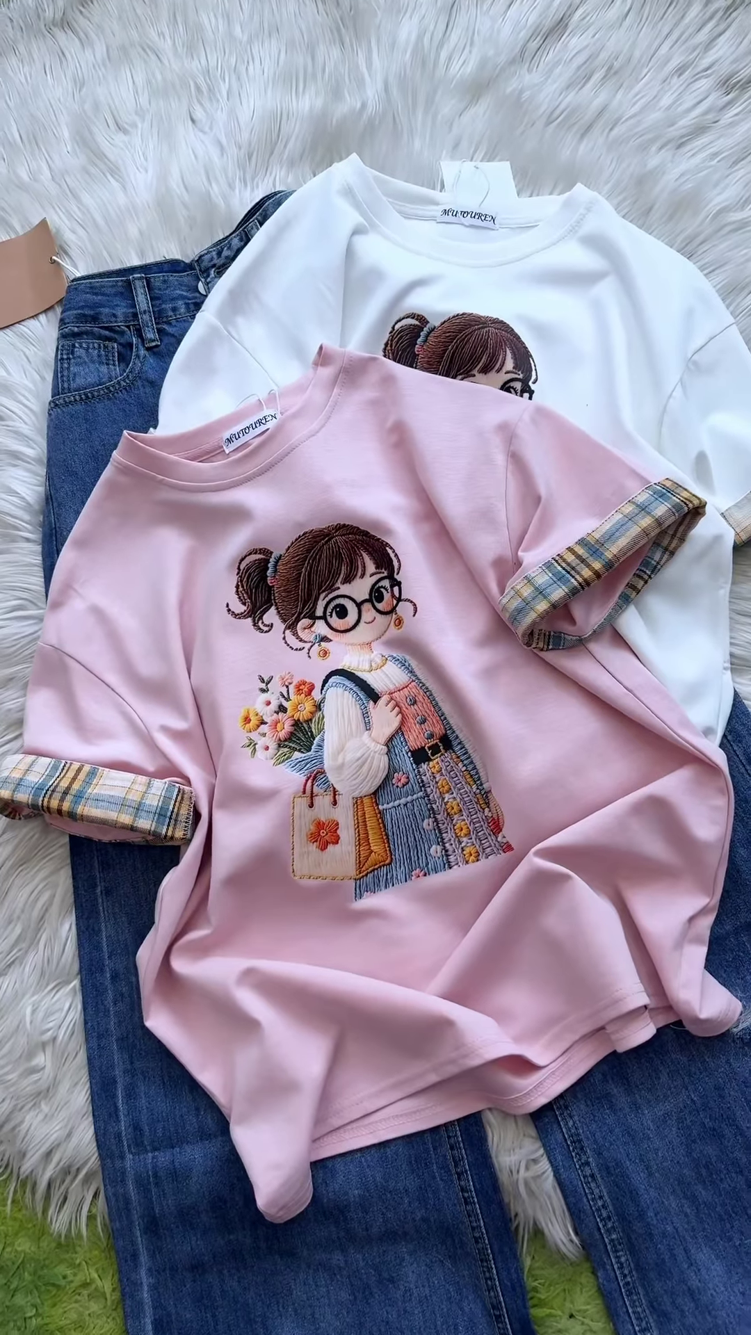 Embroidered Girl-Graphic Crew-Neck T-Shirt Collection
