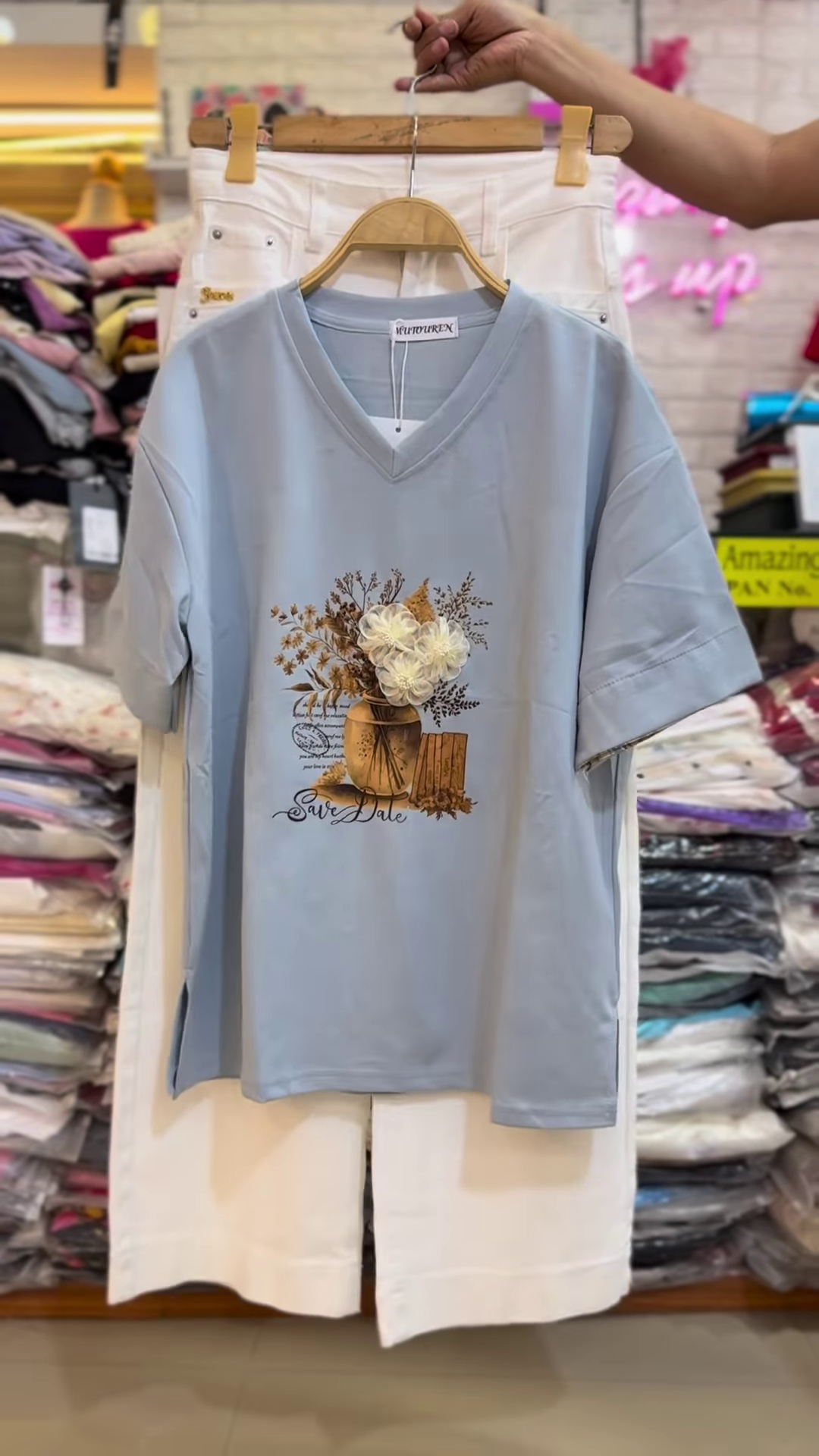 Floral Appliqué V-Neck T-Shirt with Plaid Cuffed Sleeves