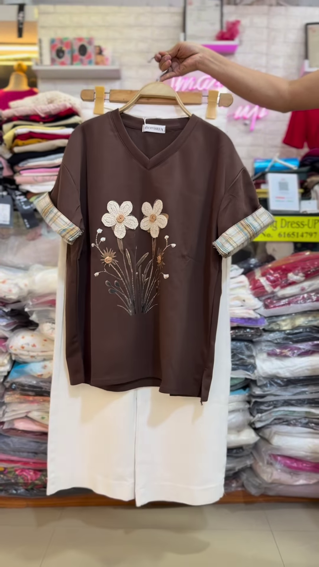 Floral Appliqué V-Neck T-Shirt with Plaid Cuffed Sleeves - Image 2