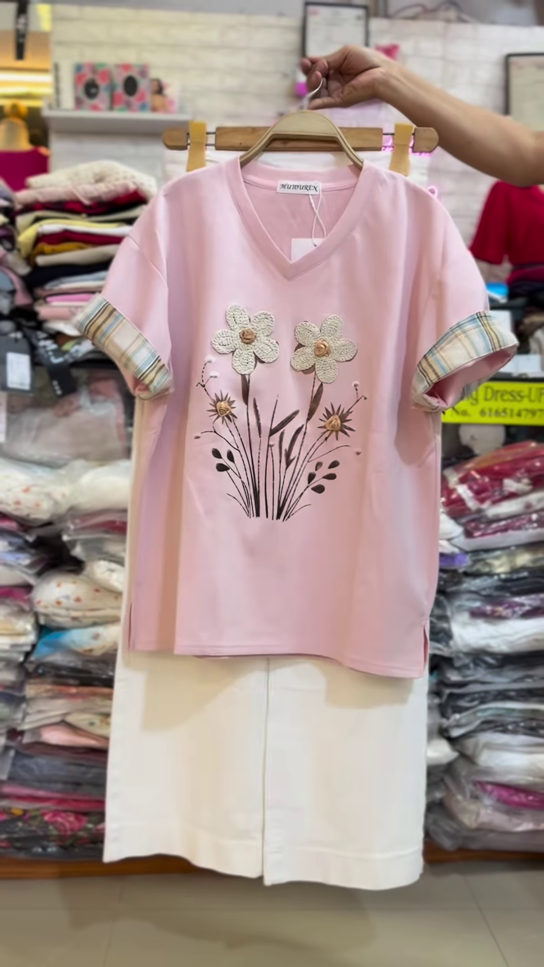 Floral Appliqué V-Neck T-Shirt with Plaid Cuffed Sleeves - Image 3