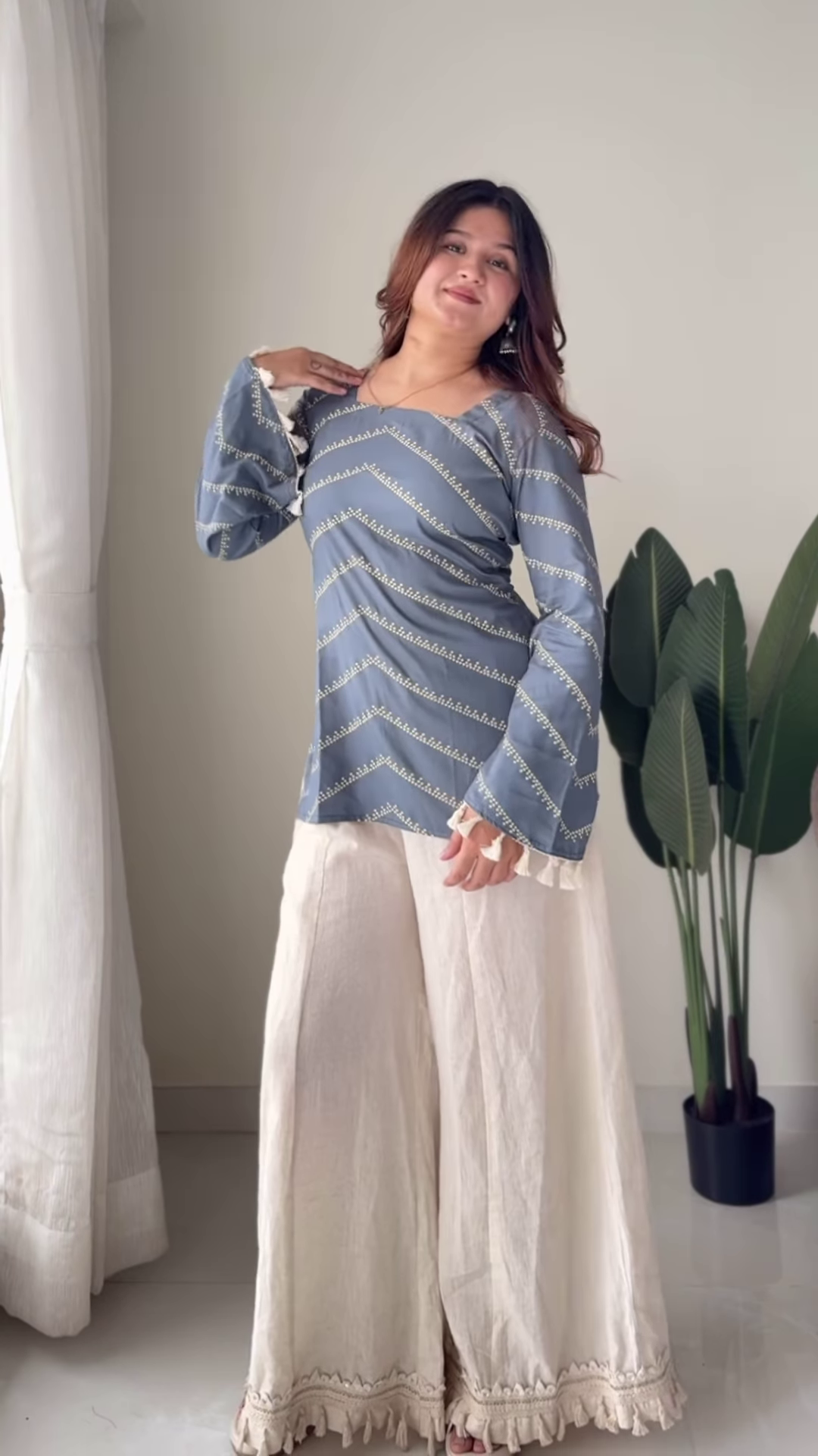 Boho-Chic Floral Tunic and Flared Palazzo Set - Image 2