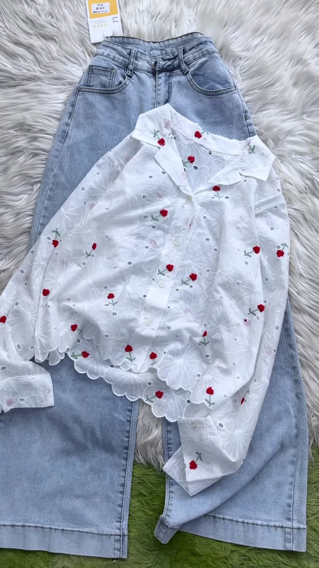 Eyelet Floral Embroidered Button-Down Shirt and Denim Set - Image 4
