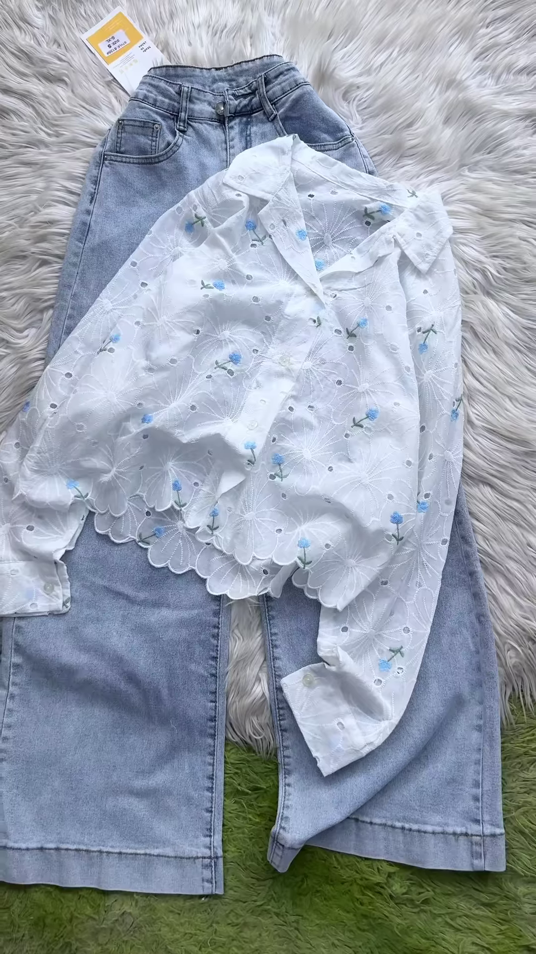 Eyelet Floral Embroidered Button-Down Shirt and Denim Set - Image 3