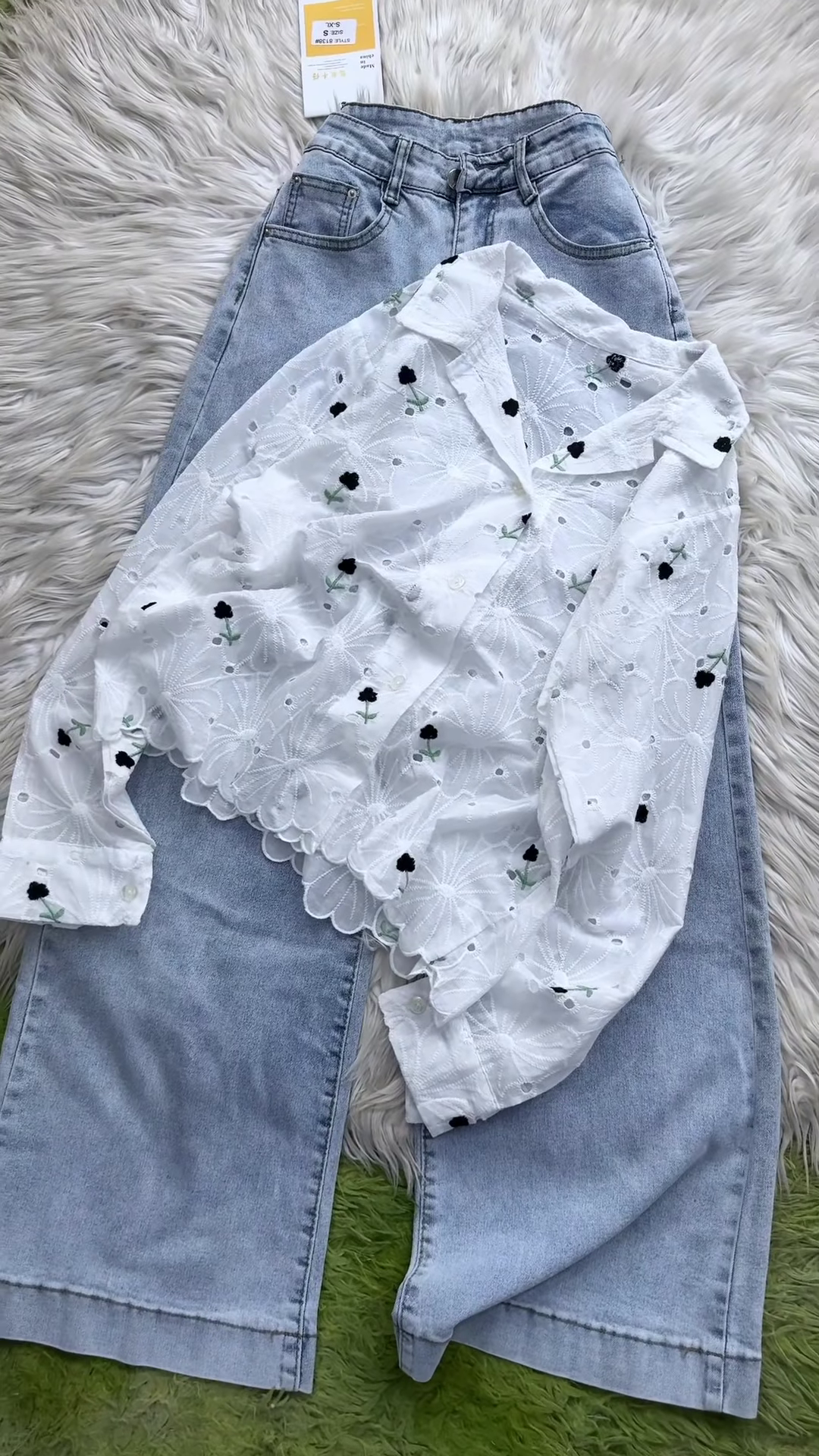 Eyelet Floral Embroidered Button-Down Shirt and Denim Set - Image 2