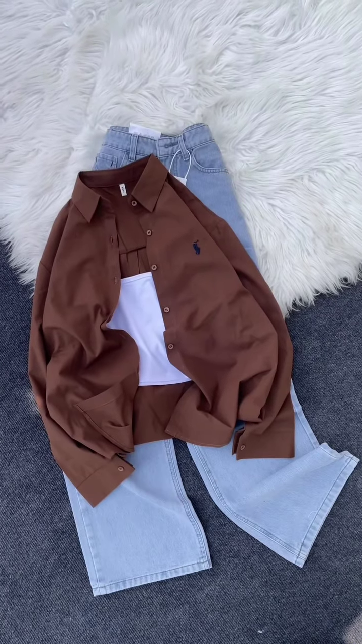 Classic Brown Button-Down Shirt and Light-Wash Denim Co-ord Set