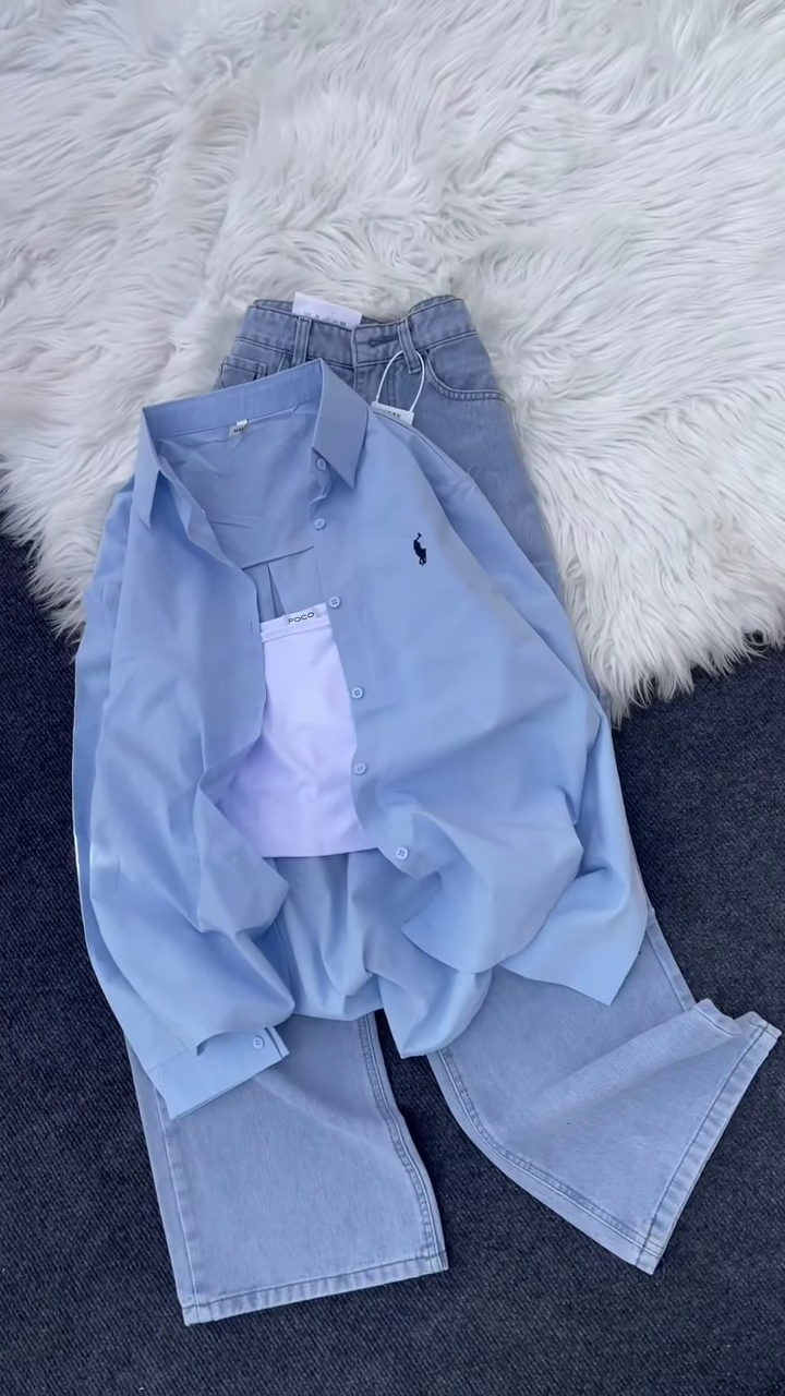 Classic Brown Button-Down Shirt and Light-Wash Denim Co-ord Set - Image 3