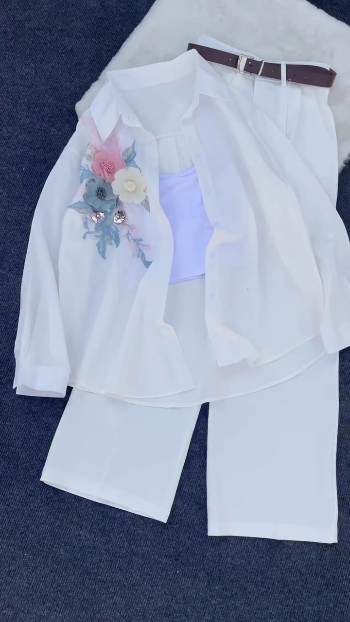 Floral Appliqué Pink Shirt and White Trouser Co-ord Set - Image 3