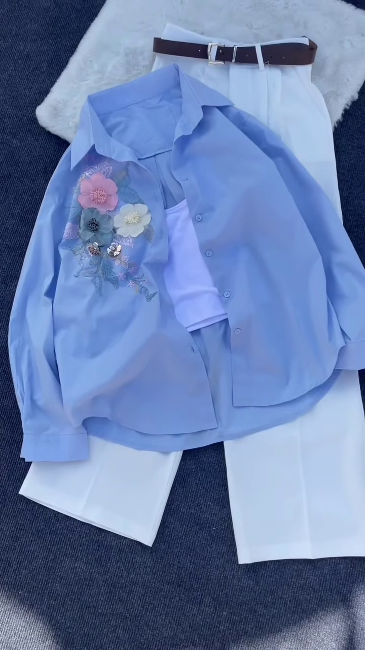 Floral Appliqué Pink Shirt and White Trouser Co-ord Set - Image 2