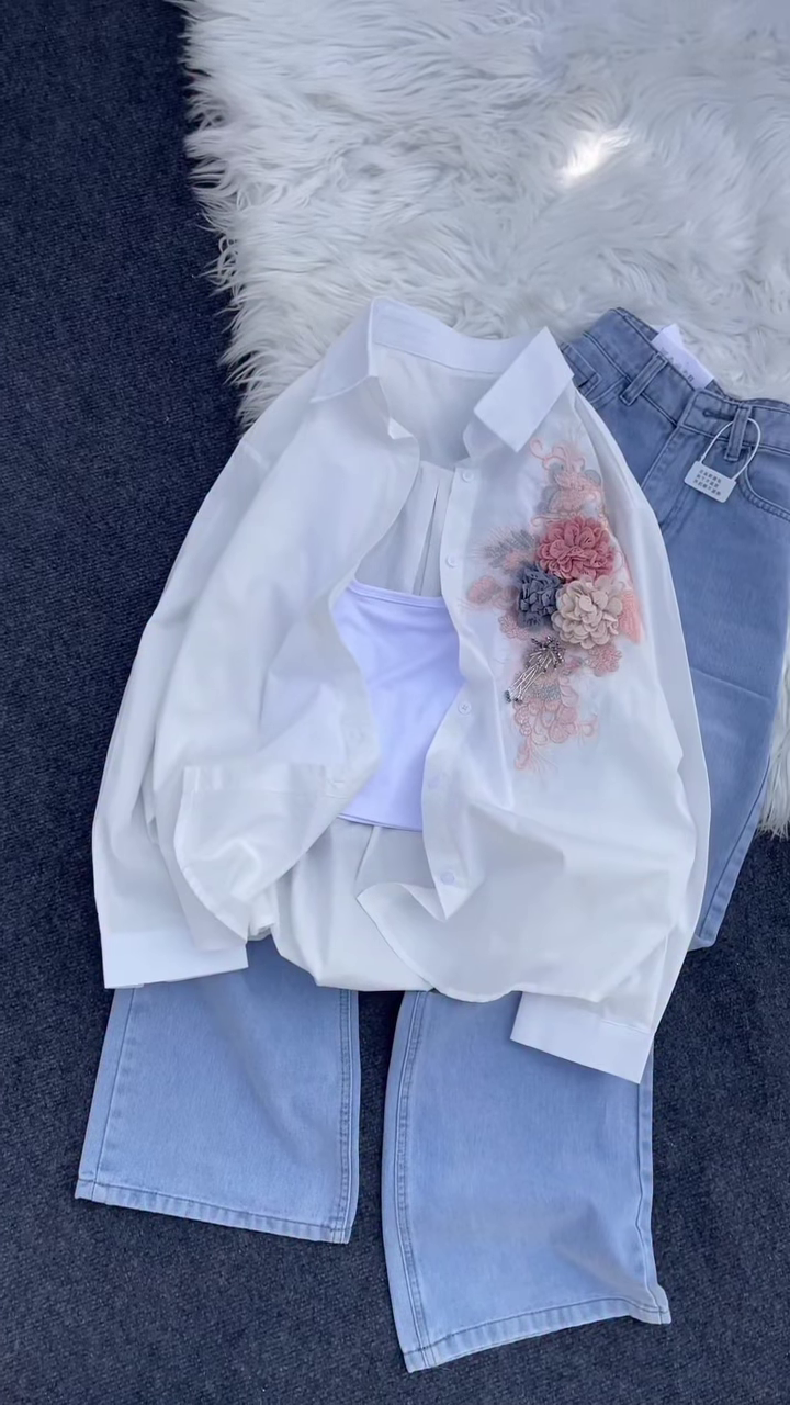 Floral Appliqué Button-Down Shirt and Denim Co-ord Set - Image 3