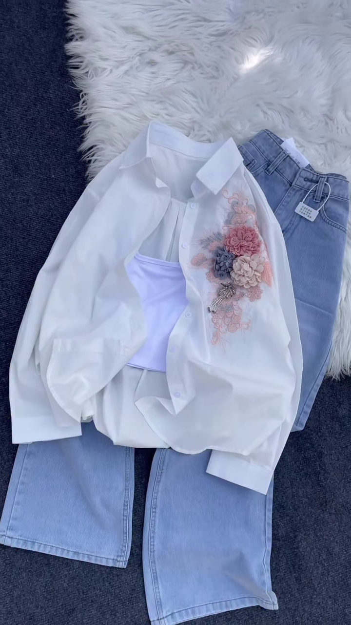 Floral Appliqué Button-Down Shirt and Denim Co-ord Set - Image 4