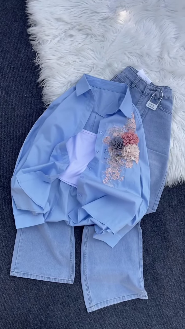Floral Appliqué Button-Down Shirt and Denim Co-ord Set - Image 2