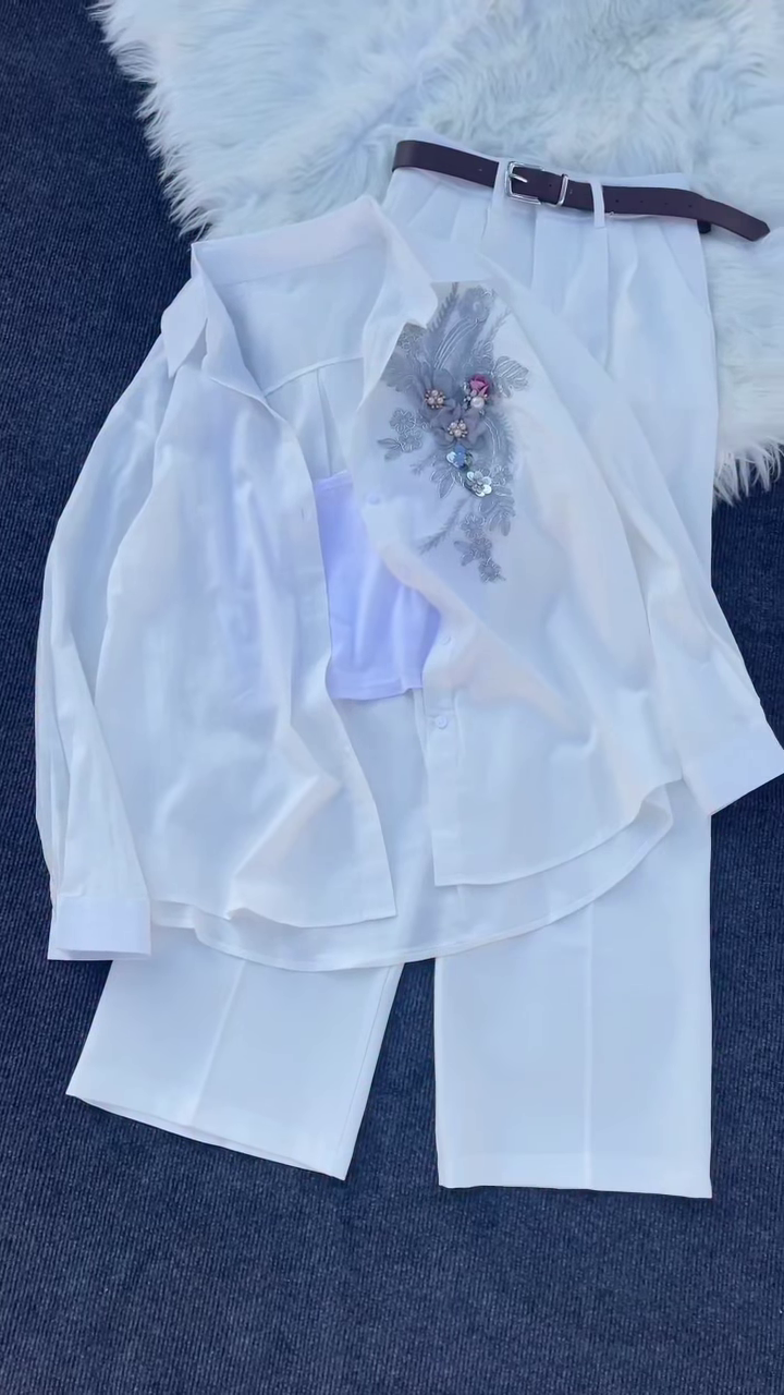 Floral Appliqué Pink Shirt and White Trouser Co-ord Set