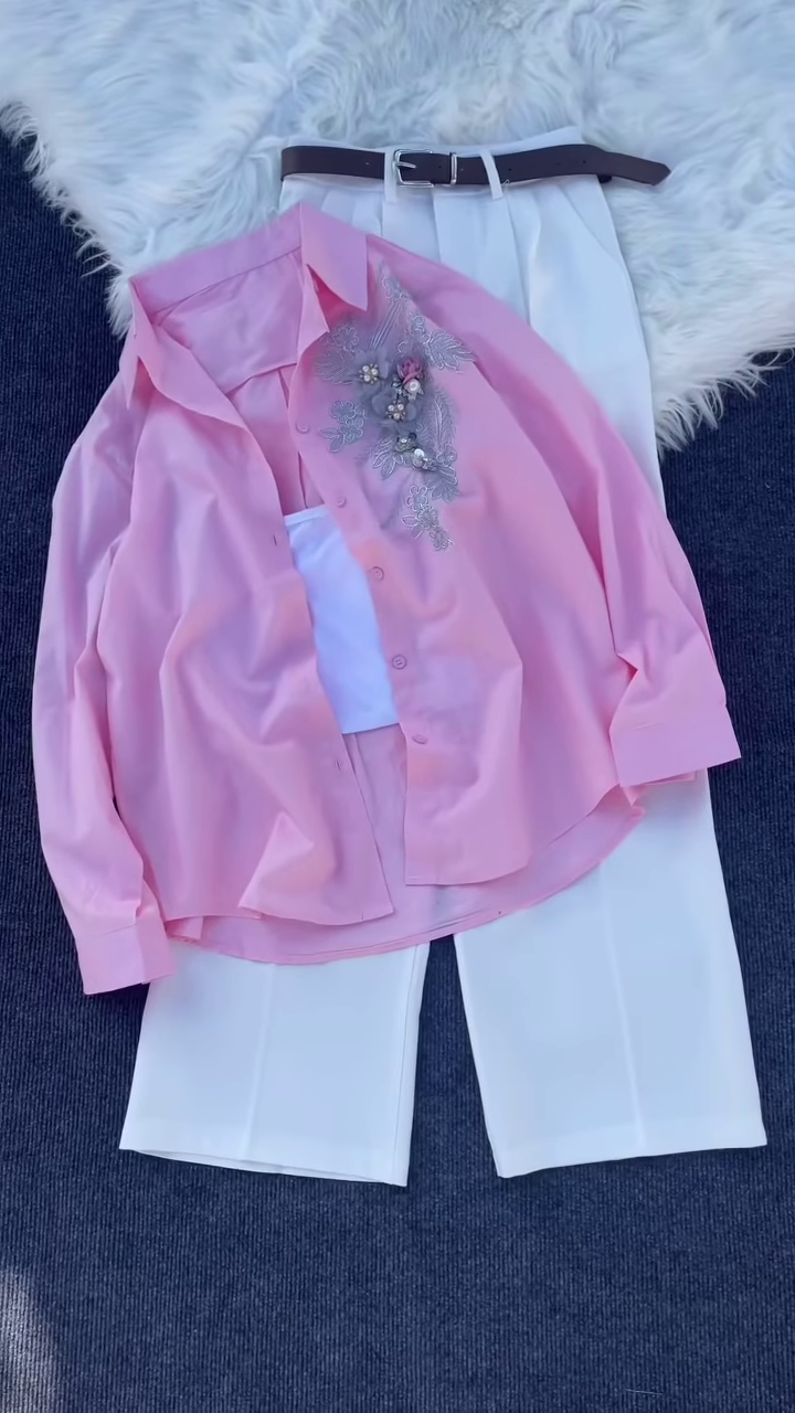 Floral Appliqué Pink Shirt and White Trouser Co-ord Set - Image 3