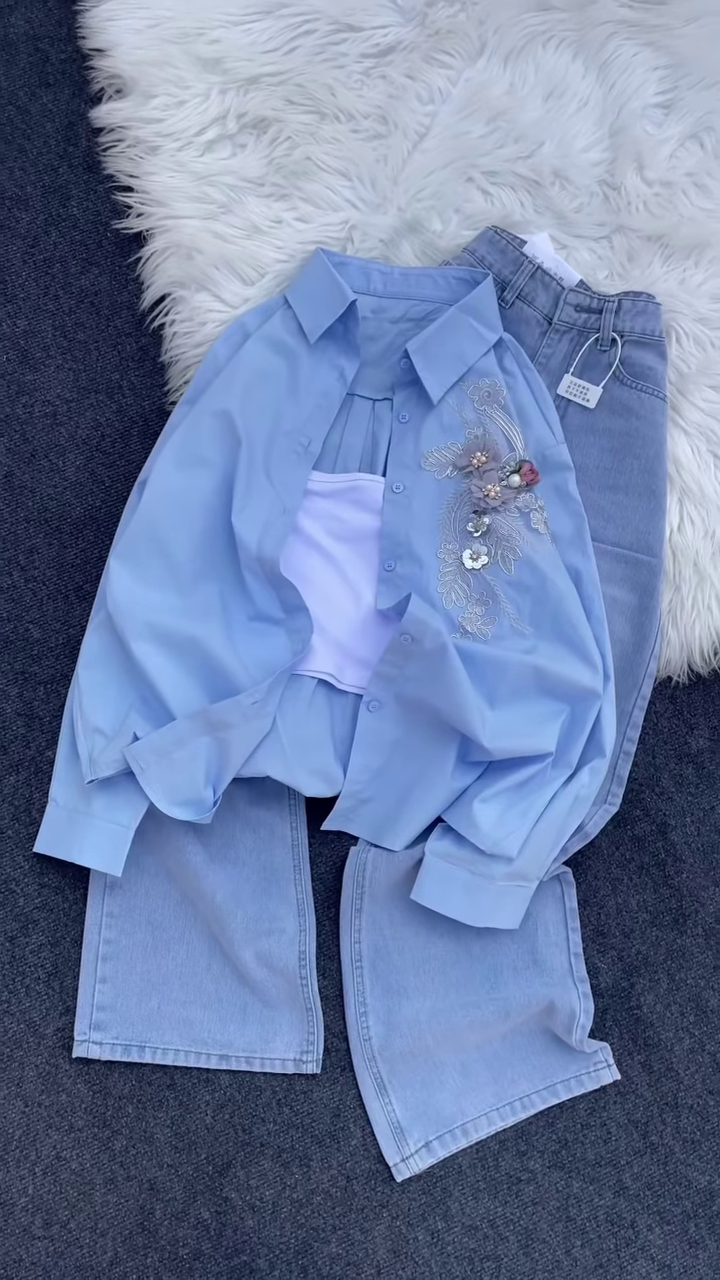 Floral Appliqué Pink Shirt and White Trouser Co-ord Set - Image 2
