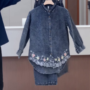 Acid-Wash Denim Shirt and Trouser Co-ord Set with Floral Embroidery